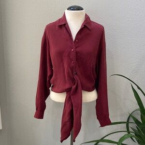 Unknown Brand Vintage Silk Maroon Tie-Front Blouse S